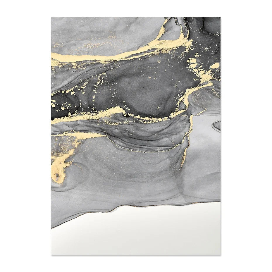 tableau contemporain minimaliste marbre effet liquide gris noir doré sans cadre impression toile chambre
