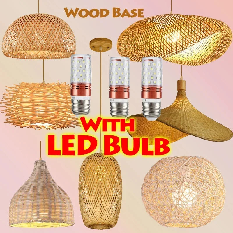 suspension lumineuse bois tressée moderne ampoule led câble électrique chambre salon