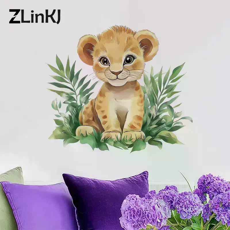 sticker mural lionceau illustration orange feuilles adhésif enfant salon décoration maison Podserviced by Qwen