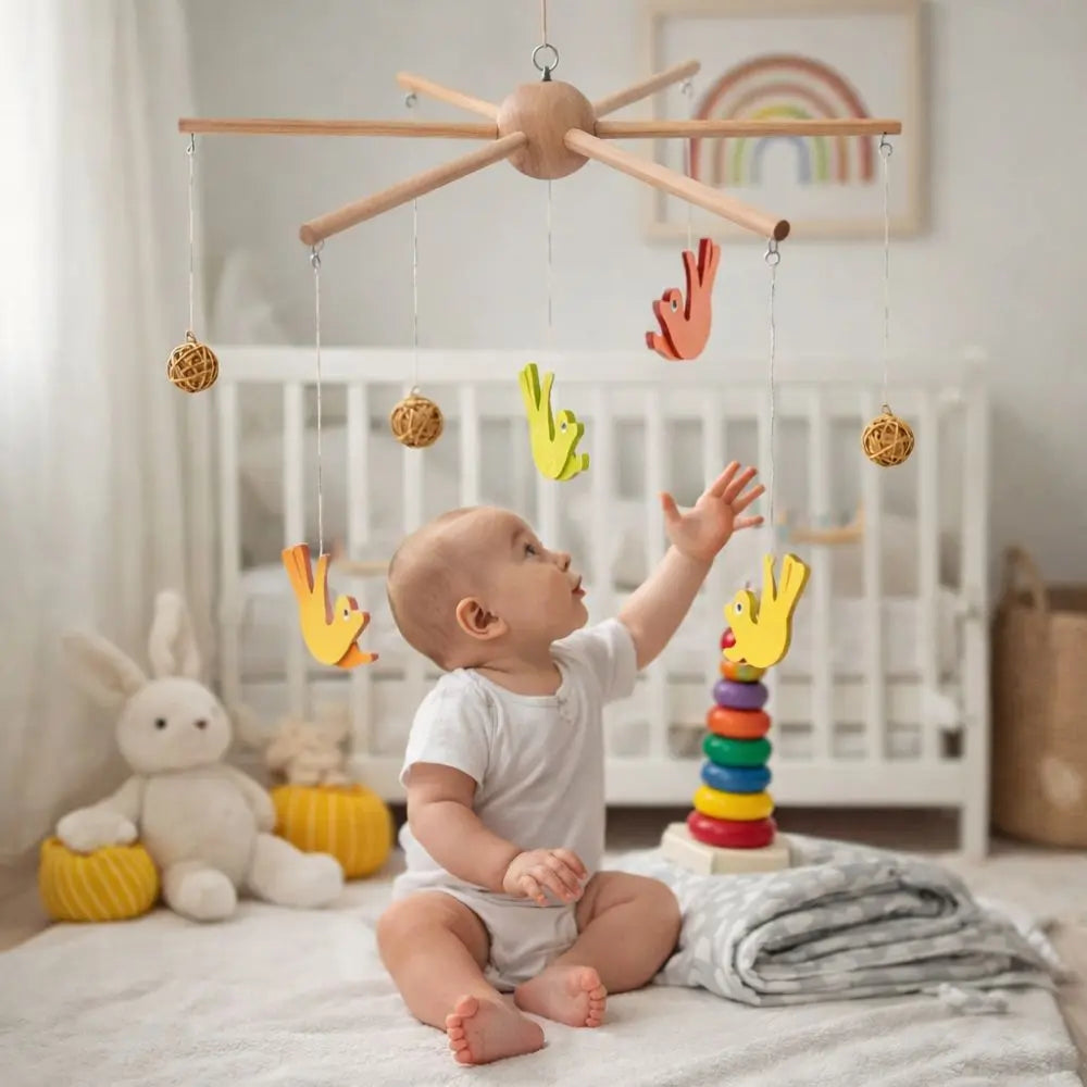 mobile musical bébé structure bois oiseaux ornements suspendus décoration chambre arc ciel illustrations jouets