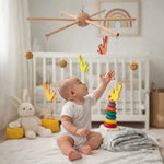 mobile musical bébé structure bois oiseaux ornements suspendus décoration chambre arc ciel illustrations jouets