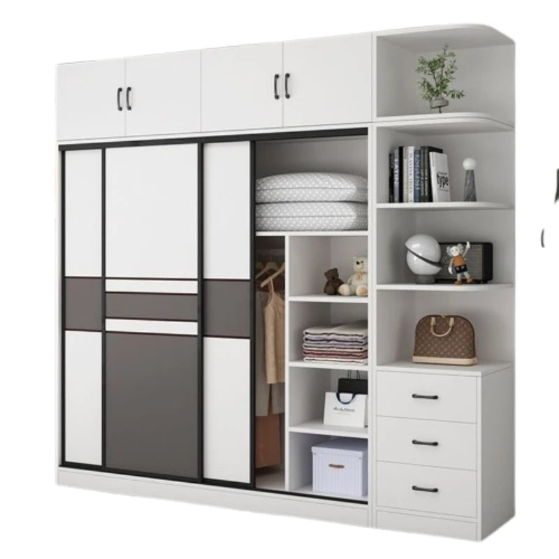 armoire moderne minimaliste blanc gris panneaux rectangulaires vêtements suspendus boîtes rangement jouets poignées porte