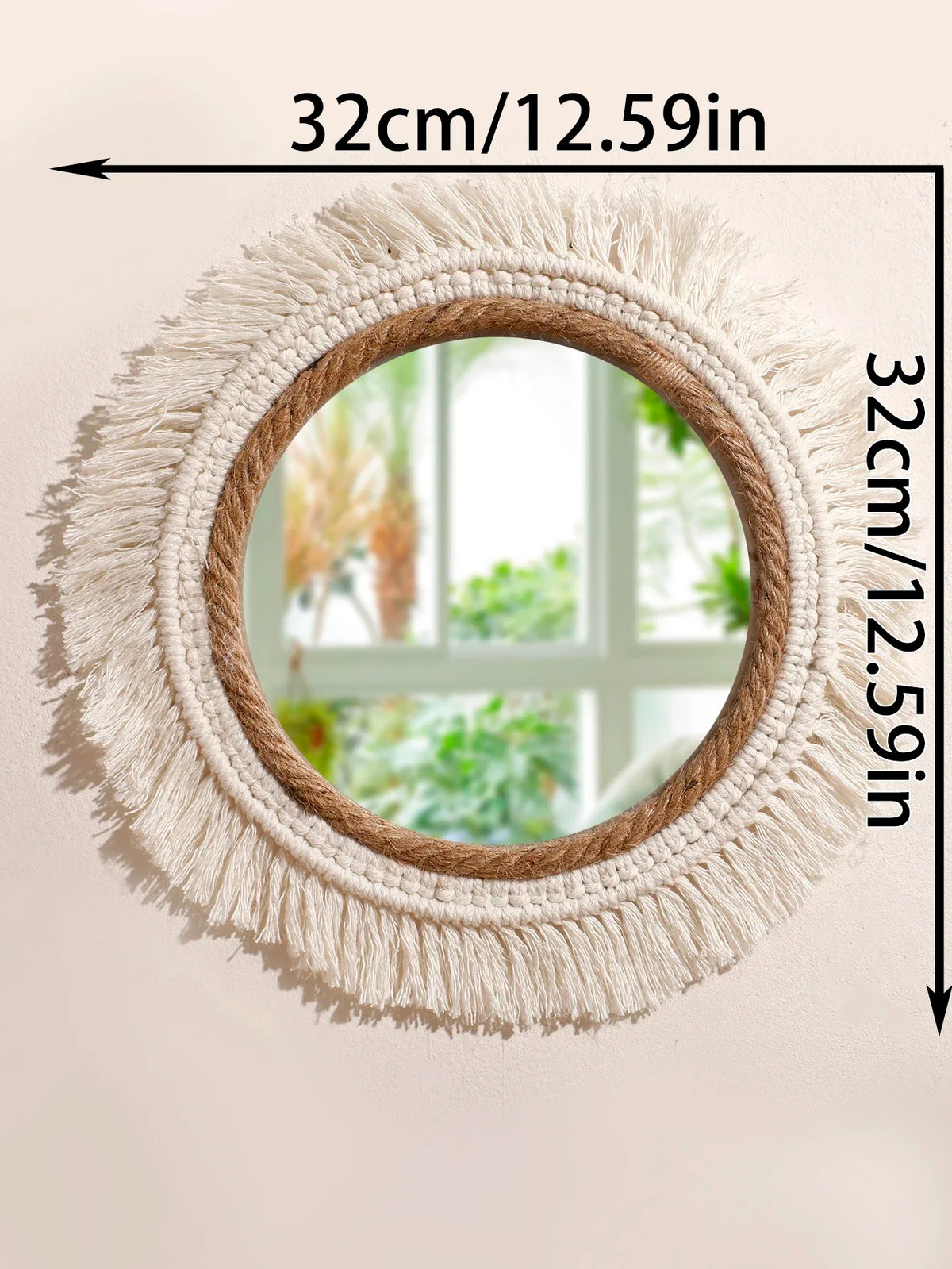 miroir mural bohème tressé franges blanches corde beige clair chambre salon decoration