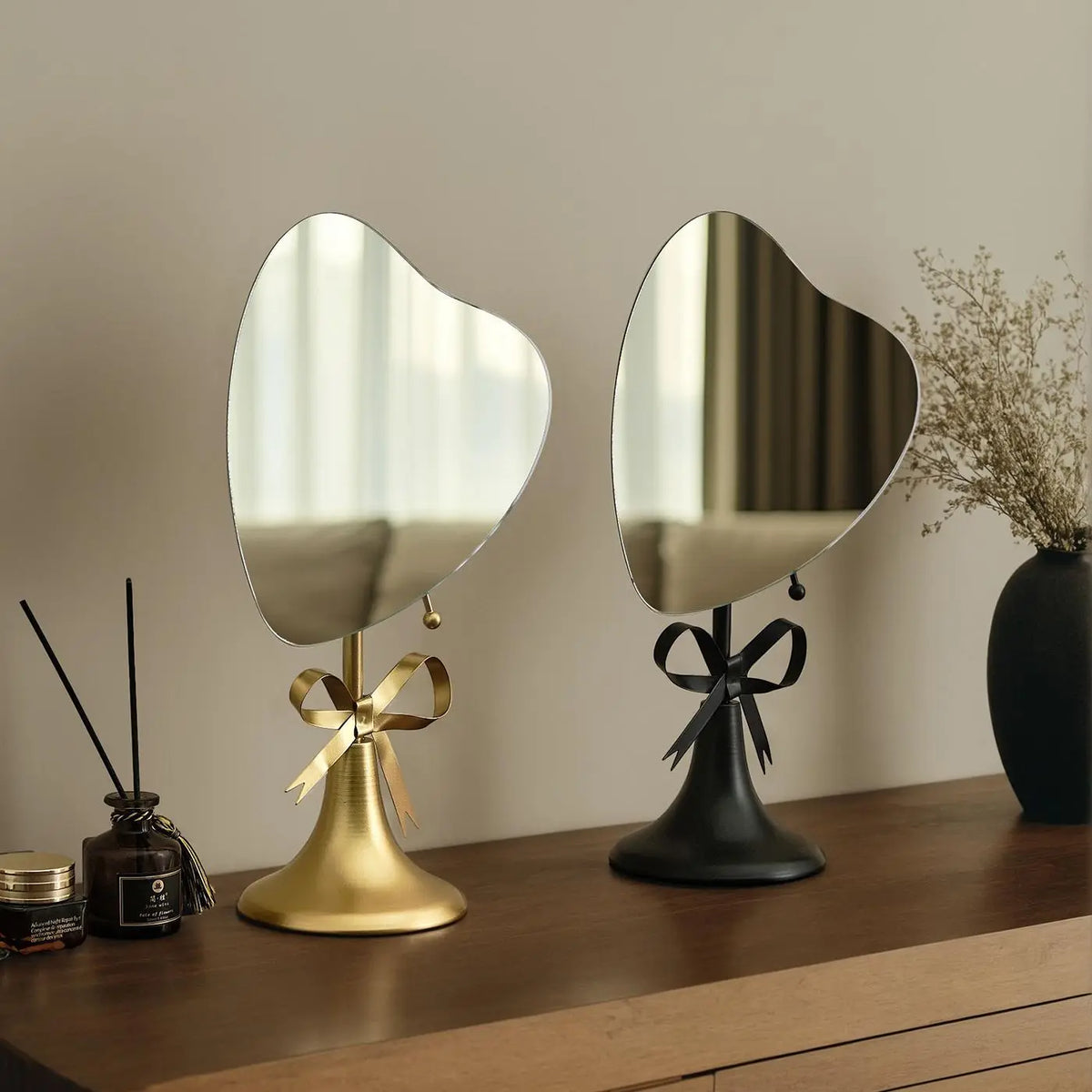 miroir table décoratif or noir rose poudré vert rubans modernes élégants fixé pied métal