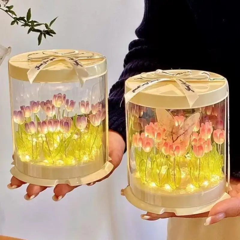 boîte gâteau lumineuse transparente tulipes colorées moderne décoration chambre veilleuse artisanale feuilles plastique