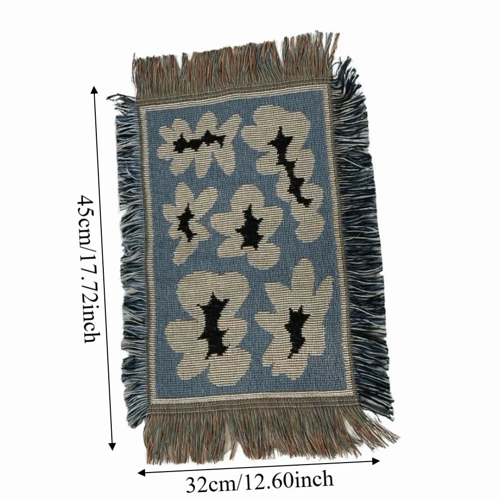 tapis table moderne fleurs stylisées franges bleu blanc noir résistant l'usure ethnique