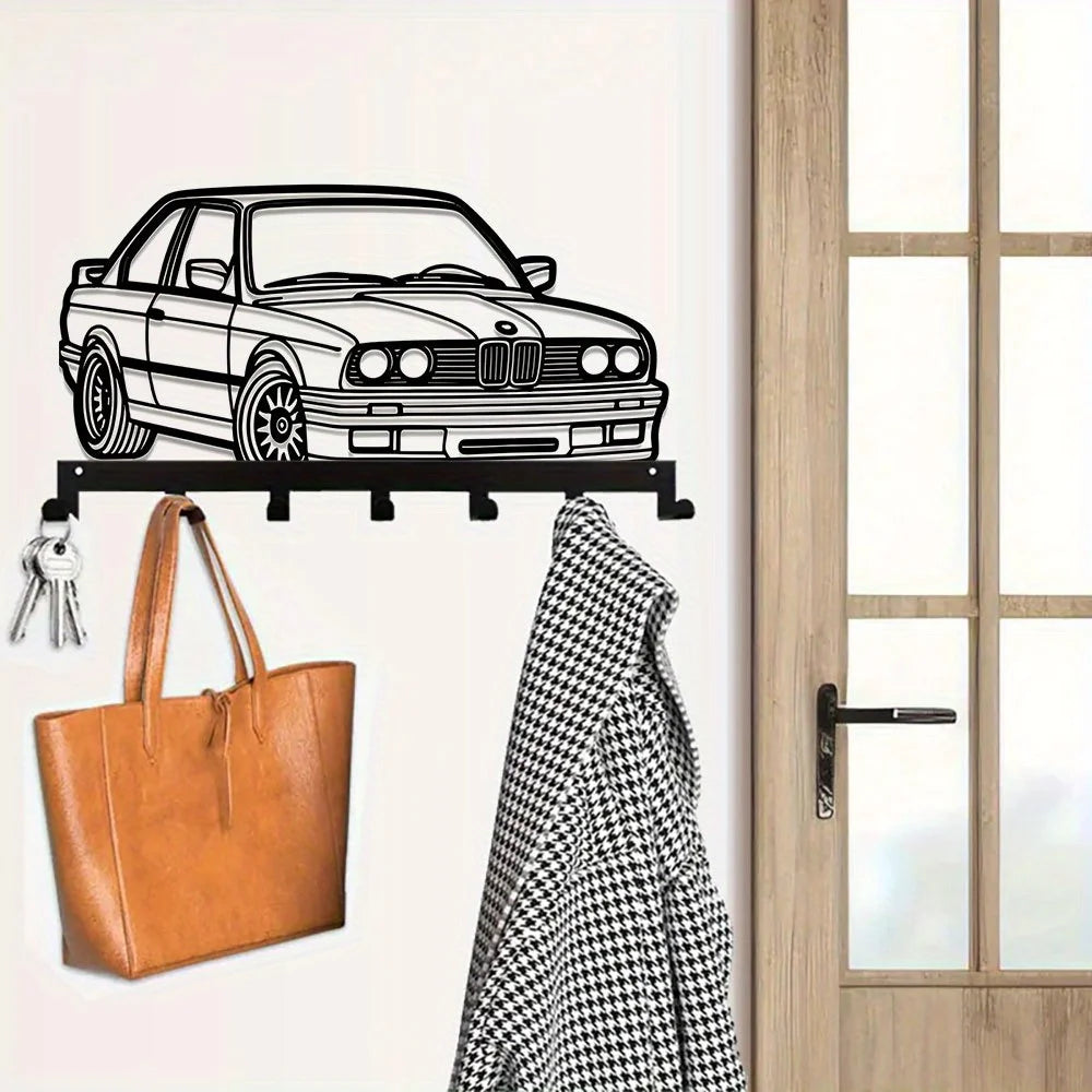 porte clés mural métal forme voiture dessin bmw e30 noir blanc minimaliste fixations vis