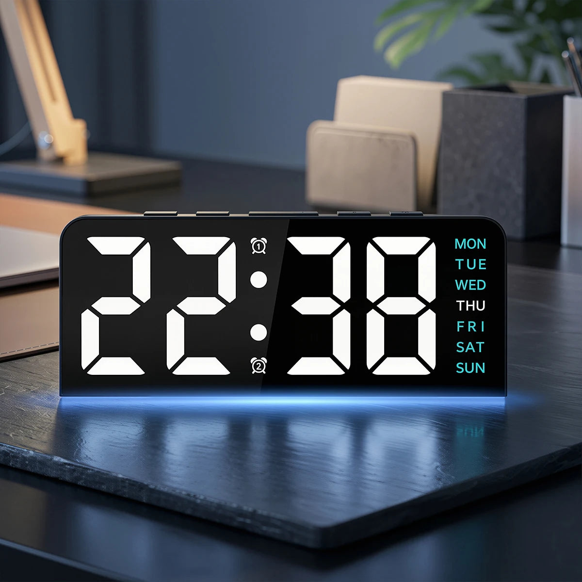 horloge numérique moderne alarme double température led noir blanc bleu