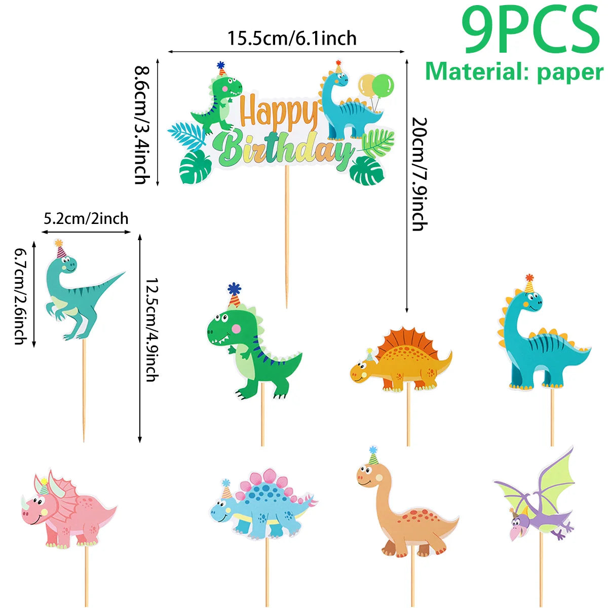 supports cupcakes dinosaures palmiers happy birthday assiettes gobelets sacs cadeaux vert orange blanc enfants