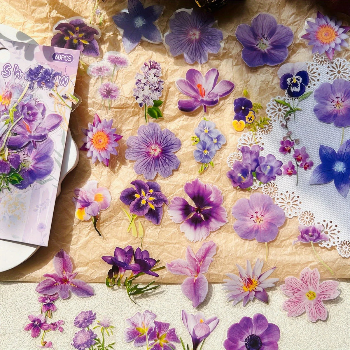 stickers fleurs pivoines marguerites roses jaunes violettes blanches adhésifs naturels planificateur scrapbooking journal création