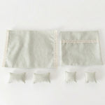 Literie maison poupée lit couverture taies oreiller jaune vert rayé dentelle pois rustique