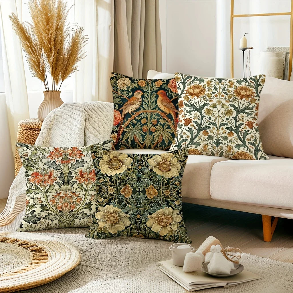 housses coussin vintage floral oiseaux tissu polyester beige vert orange jaune bleu décoratif