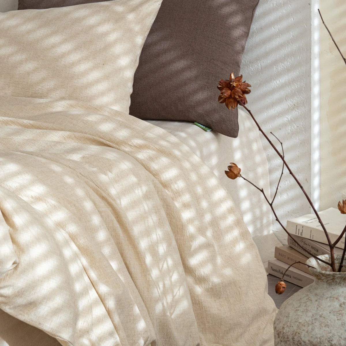 drap housse couette taies d'oreiller literie lin texturé beige taupe minimaliste naturel