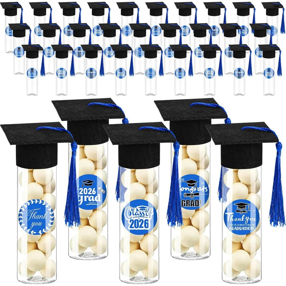 boîtes bonbons transparentes capsules graduation rubans autocollants décoration fête diplômes