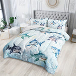 ensemble literie thème marin requins étoiles mer bubbles algues moderne bleu clair gris blanc