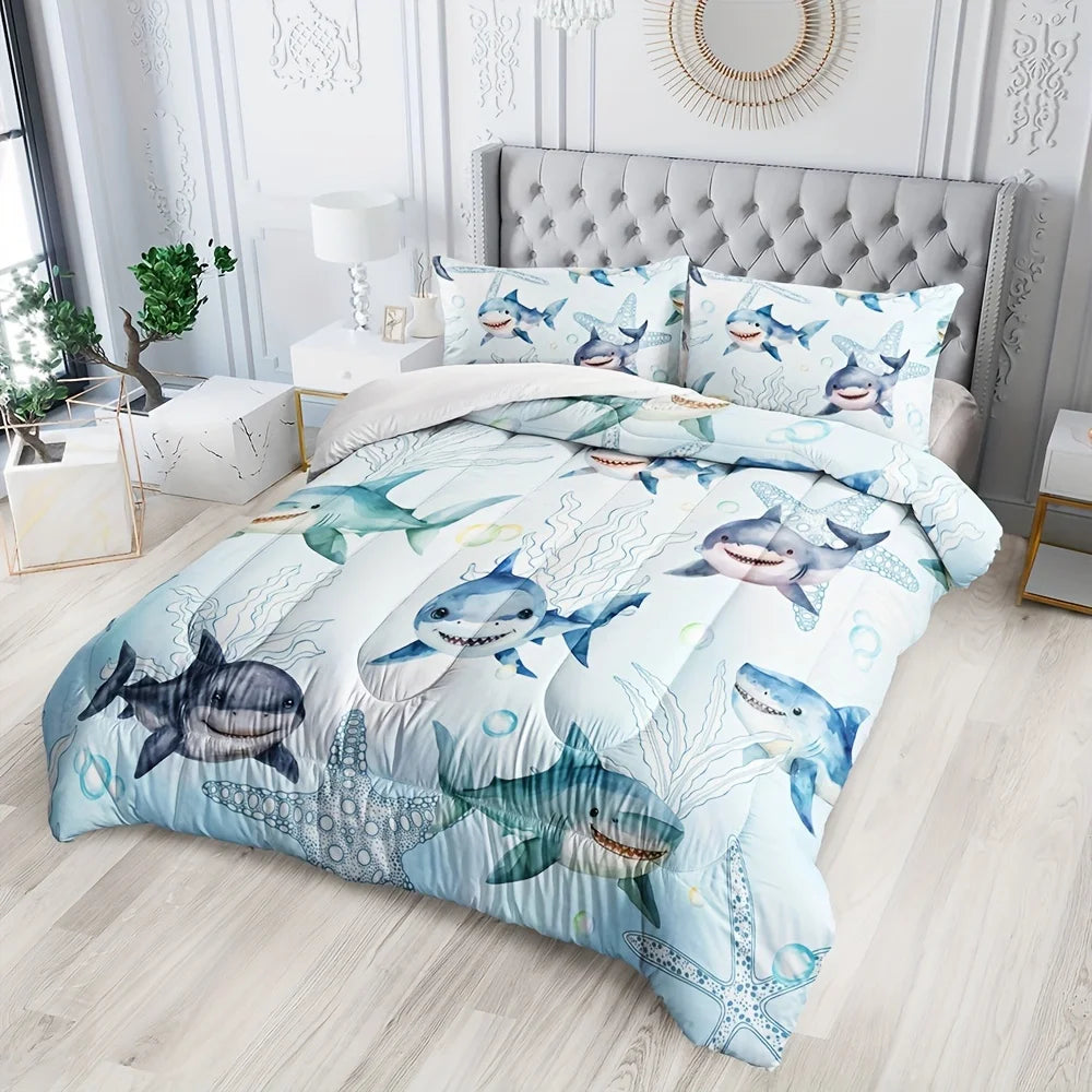 ensemble literie thème marin requins étoiles mer bubbles algues moderne bleu clair gris blanc