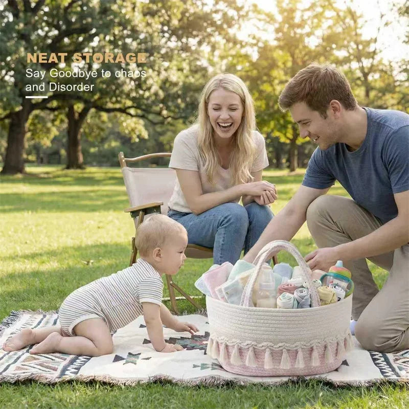 panier tressé rangement couches lingettes bébé rustique gris blanc beige