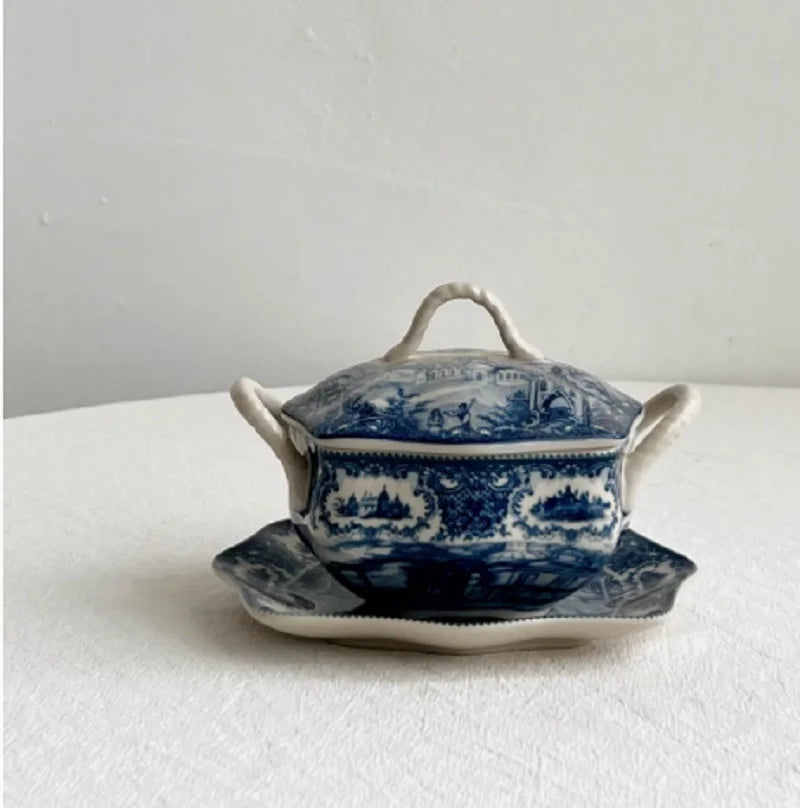 service thé céramique blanc bleu toile jouy poignées théière caféière soupière tasses
