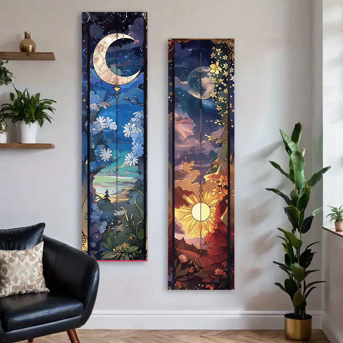 tableau mural paysage nocturne lune fleurs montagnes ciel étoilé bleu nuit blanc doré orange