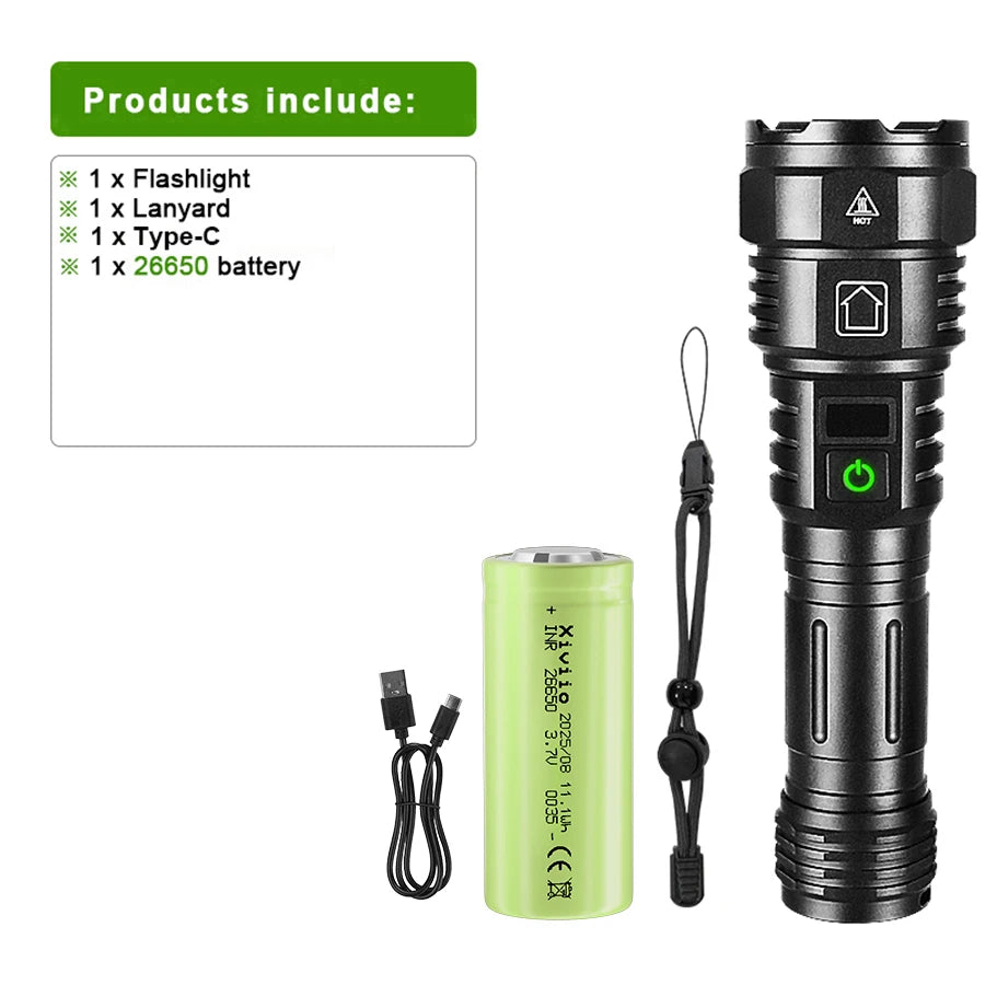 lampe torche noire led 98w modes rechargeable usb type robuste camping