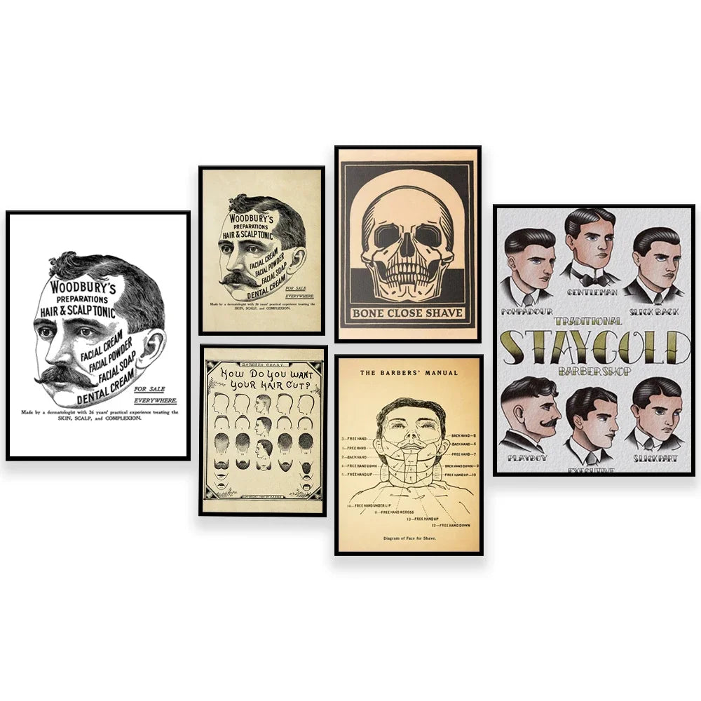 Ce collage d'affiches vintage représente différents styles de coiffures et de toniques capillaires populaires à l'époque, ainsi que des manuels de coiffure et des illustrations anatomiques, offrant une fenêtre sur l'histoire de l'industrie de la coiffure.