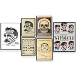 Ce collage d'affiches vintage représente différents styles de coiffures et de toniques capillaires populaires à l'époque, ainsi que des manuels de coiffure et des illustrations anatomiques, offrant une fenêtre sur l'histoire de l'industrie de la coiffure.