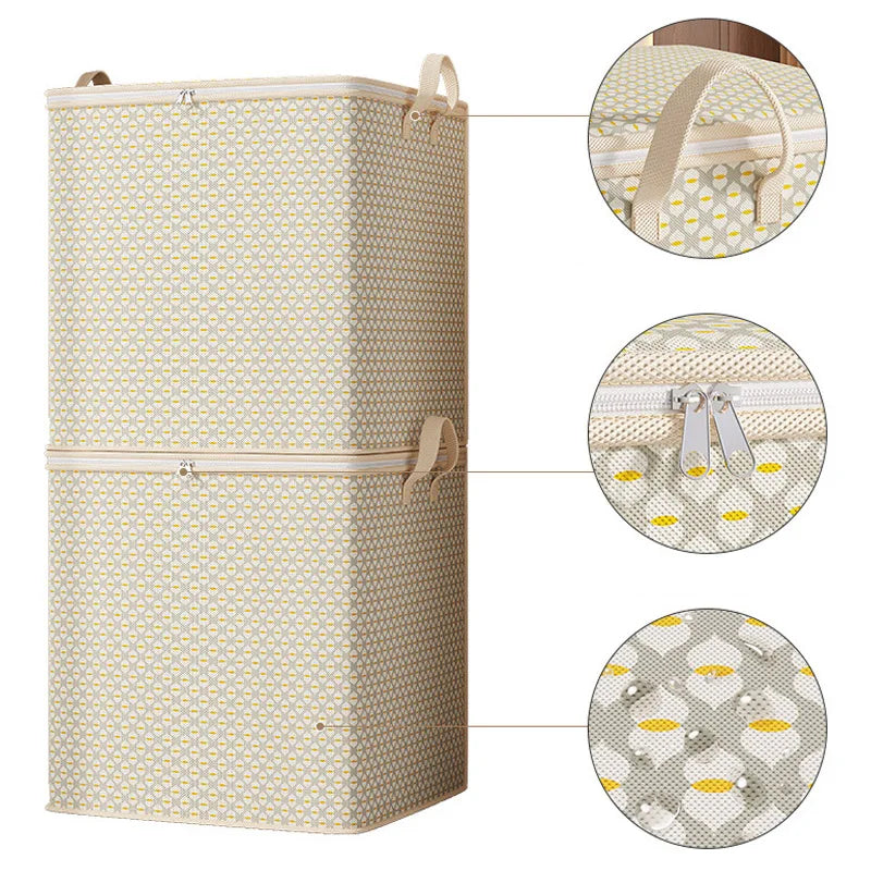 boîte rangement moderne 110l 150l 220l 30l carreaux beige motifs jaunes poignées métalliques coussin