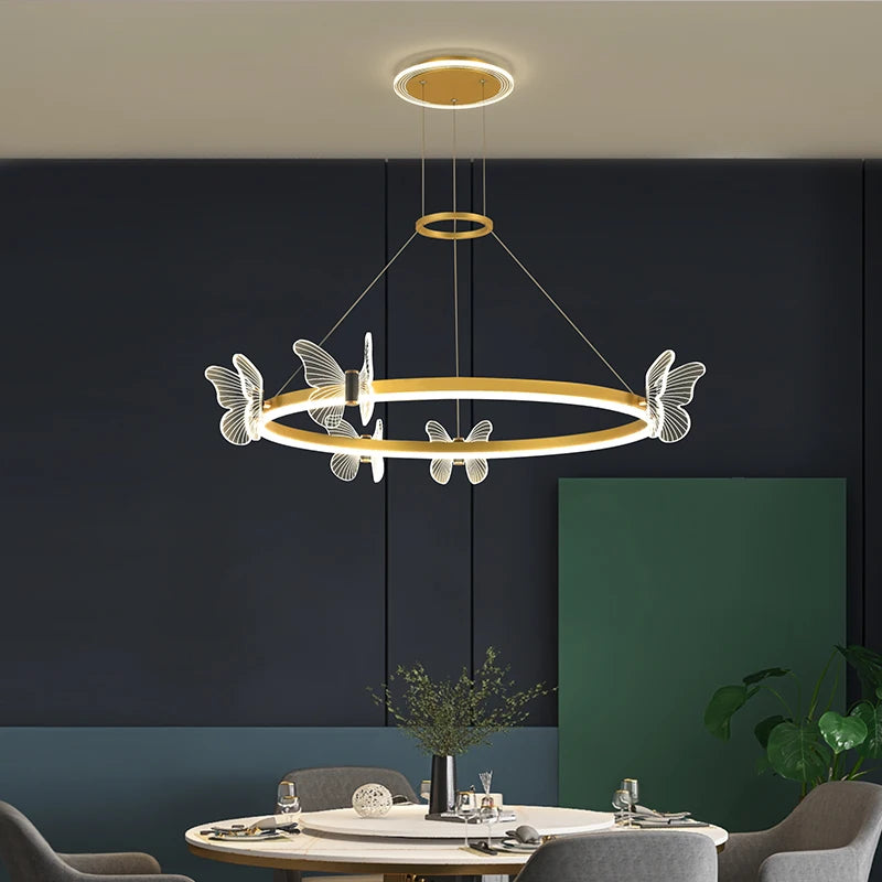 suspension lumineuse moderne fleurs papillons or blanc led 2000lm 10ampoules