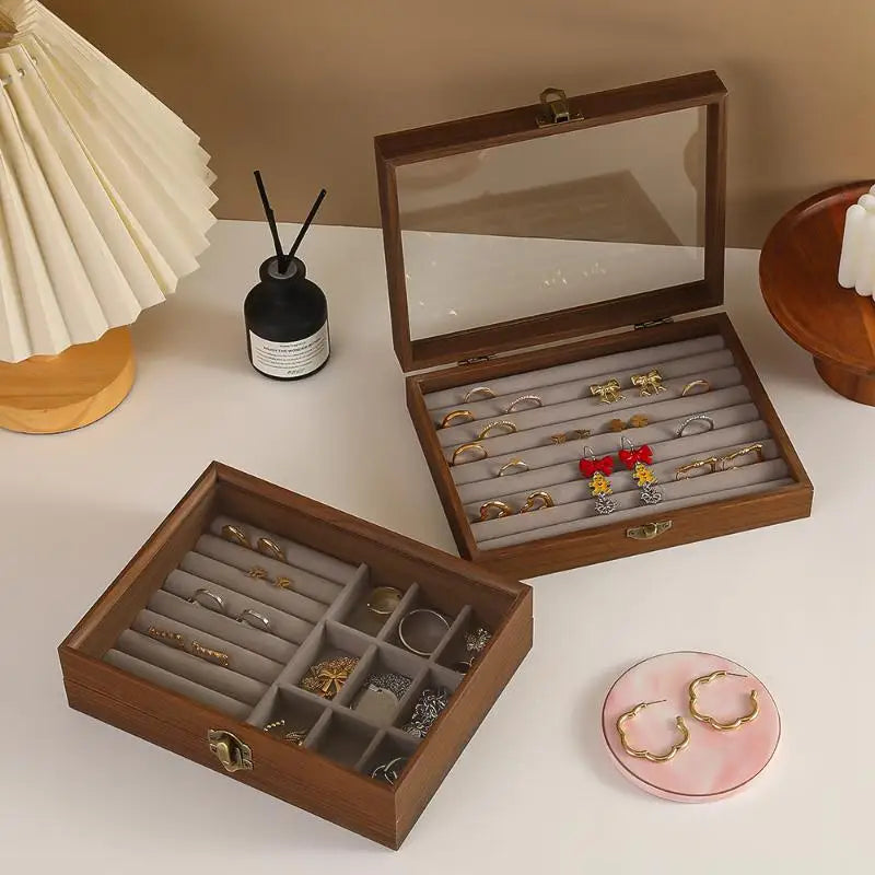 boîte bijoux bois marron verre transparent velours gris moderne rangement sans poussière cadenas bague