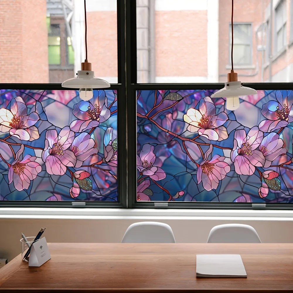 film décoratif fleurs feuilles multicolore adhésif opacité art deco vitrail maison fenêtre 45cm 90cm