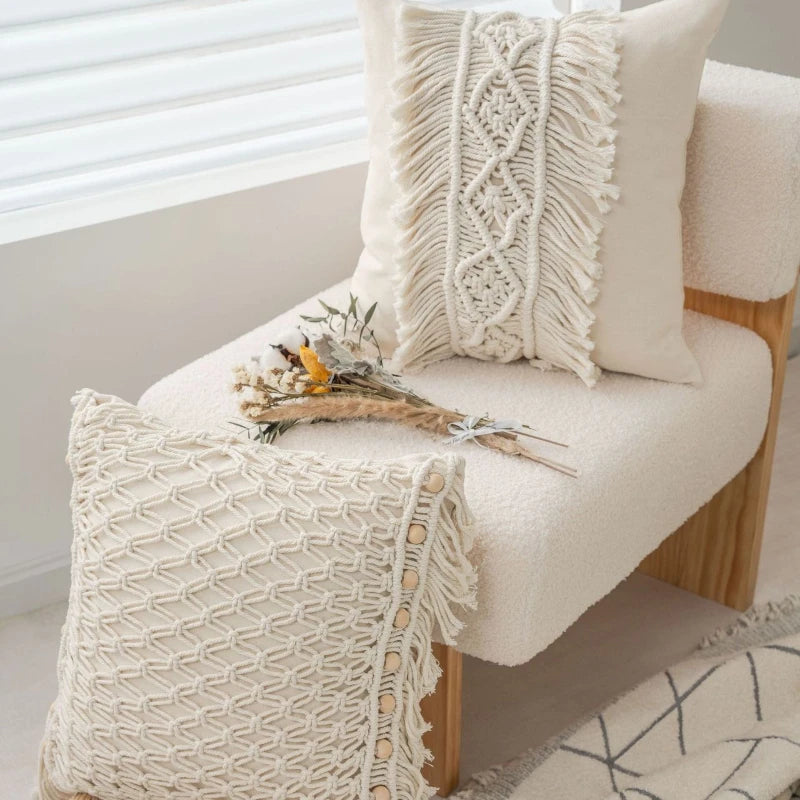 taies d'oreiller géométriques bohèmes crème franges macramé décoratives maison hospitalière