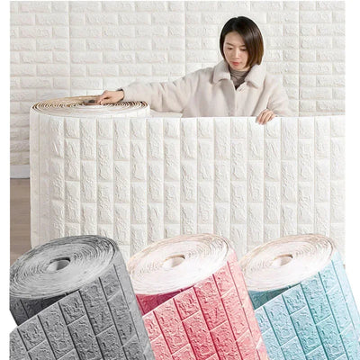 Papier peint adhésif 3D effet brique blanc posé sur un mur de salon