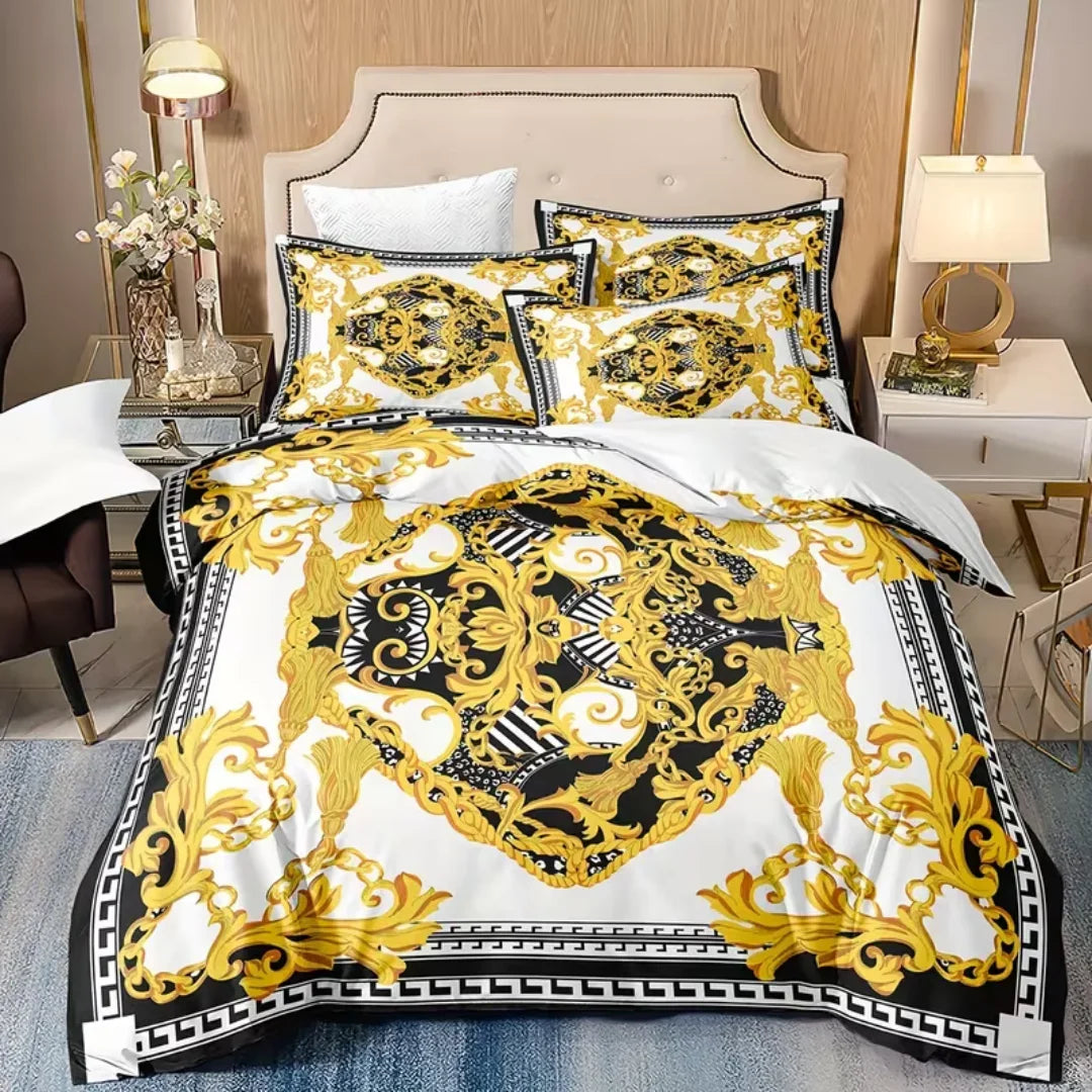 Chambre décorée avec parure de lit dorée Ombre Interieur