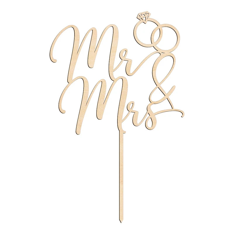 décoration gâteau mariage mr mrs lettres calligraphiées alliances diamant tige bois