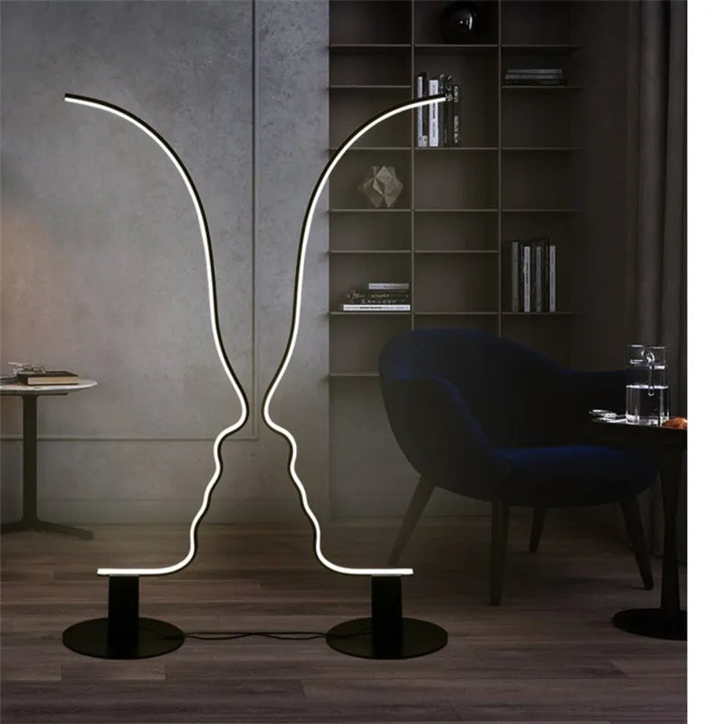 lampe sol silhouette visage humain blanc noir contemporain minimaliste interrupteur bouton aluminium