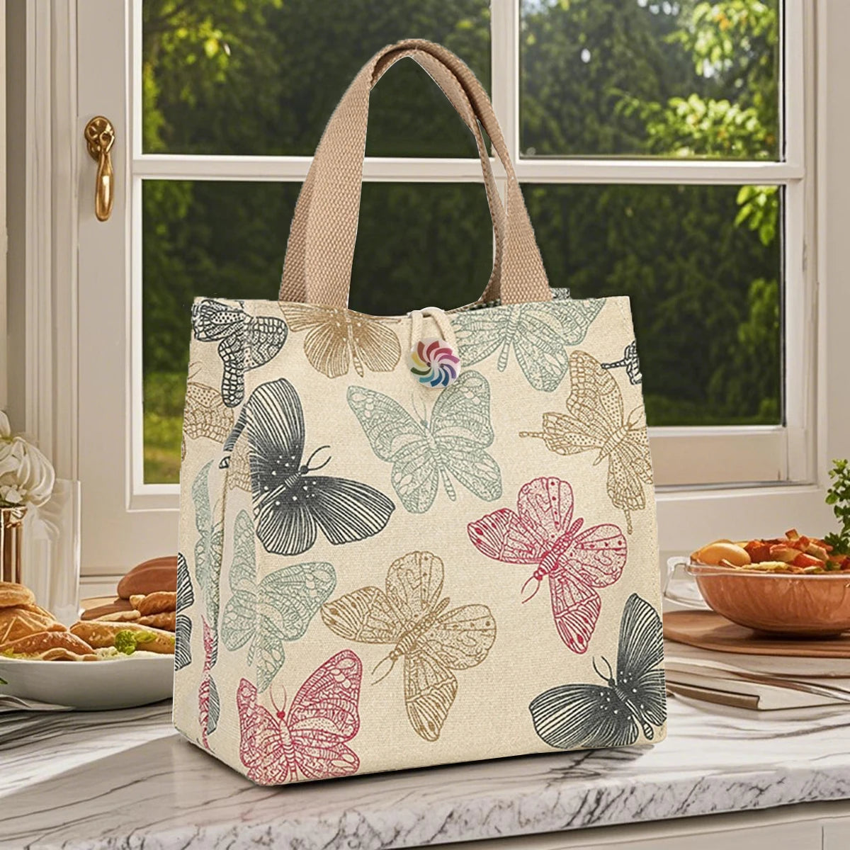 sac main polyvalent toile douce papillons colorés moderne casual femmes poignées bouton rond
