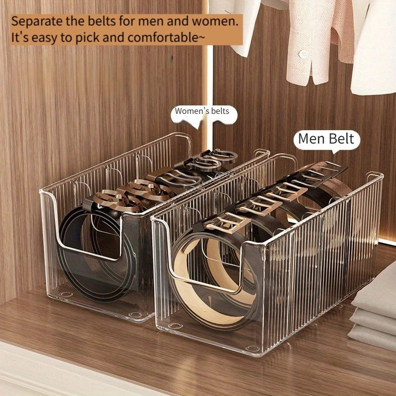 boîte rangement ceintures transparentes modernes grilles rides verticales clips organisation minimaliste chambre wardrobe