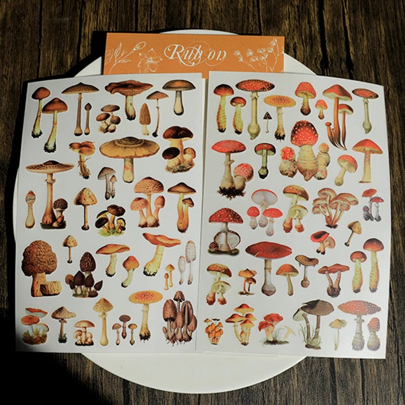 autocollants champignons vintage rouges beiges marrons scrapbooking craft diy stickers opaques