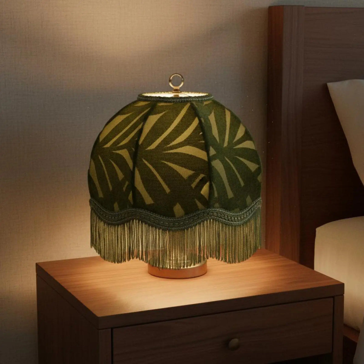 abat jour vert feuilles classique franges opacité tissu lampe décoration chambre moderne vintage