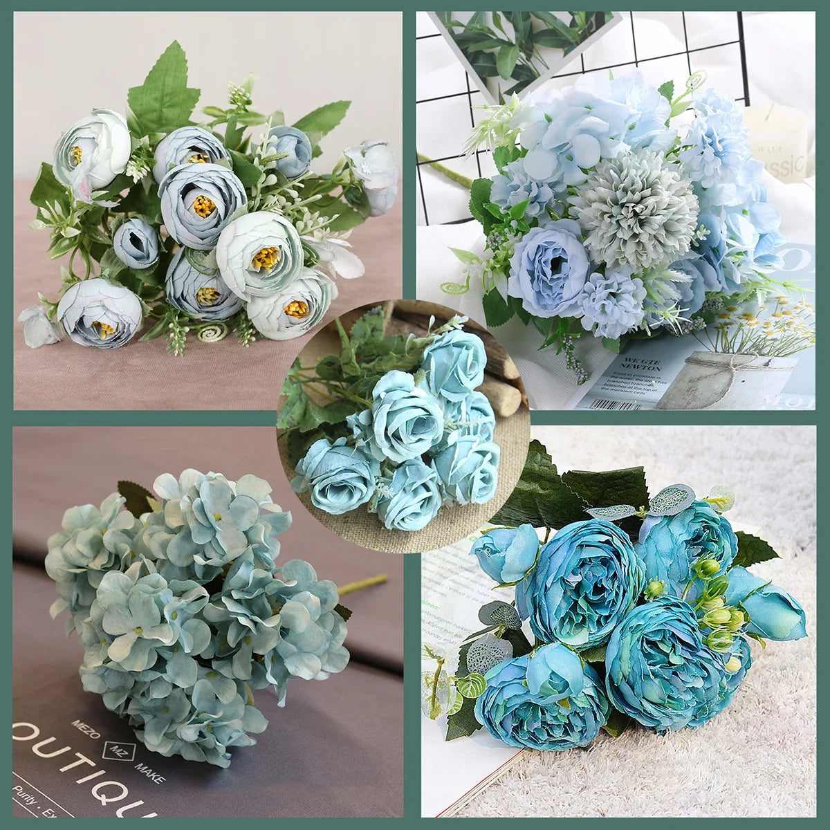 bouquet fleurs artificielles bleu pastel blanc roses hortensia soie décoration mariage maison jardin vintage