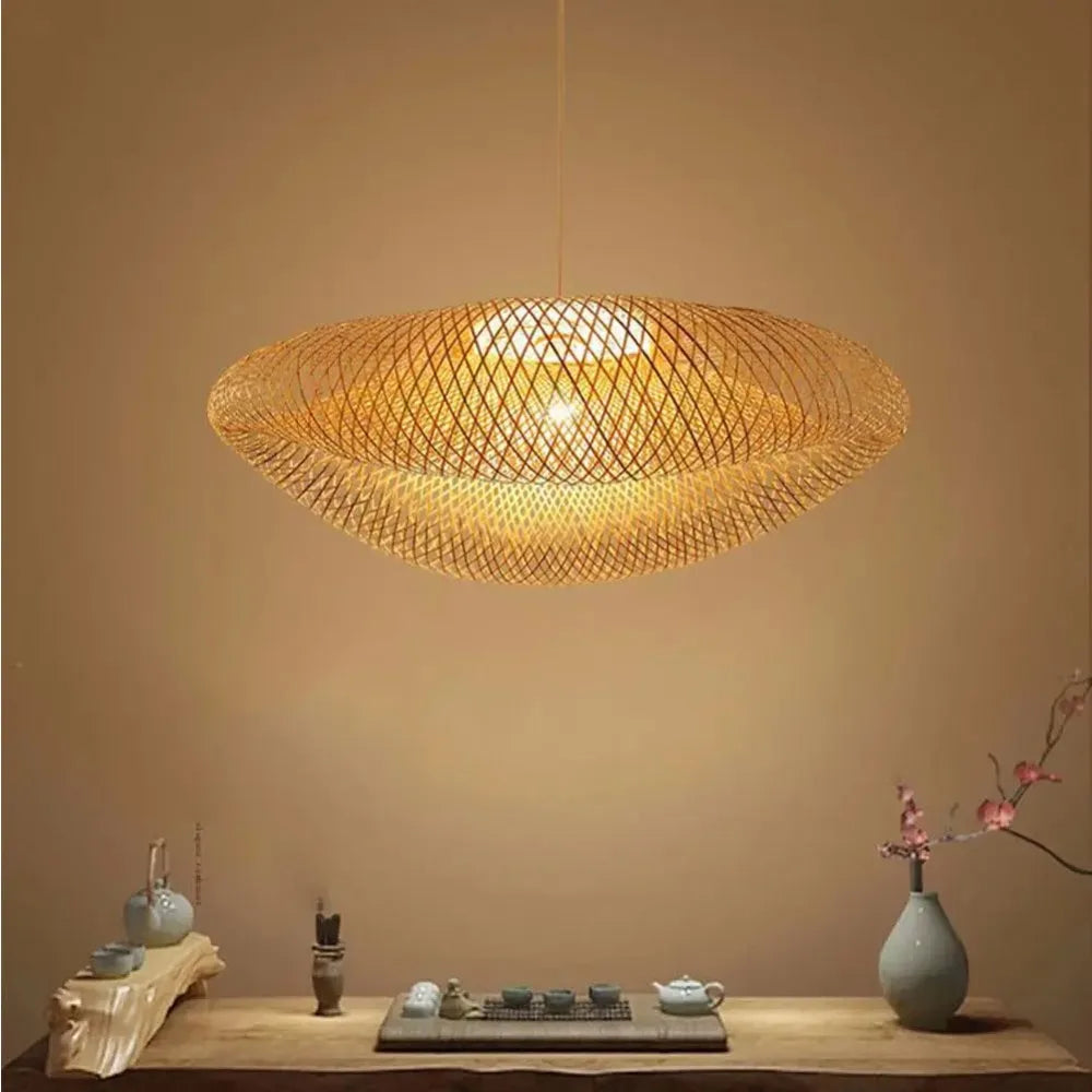 lampe suspendue tissage rotin motifs géométriques moderne artisanale câble noir e27 naturel 40cm 60cm