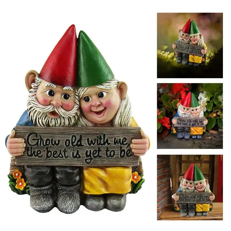 statue gnomes jardin rouge vert bleu plaque gravée romantique décoration noëlextérieur fantaisiste