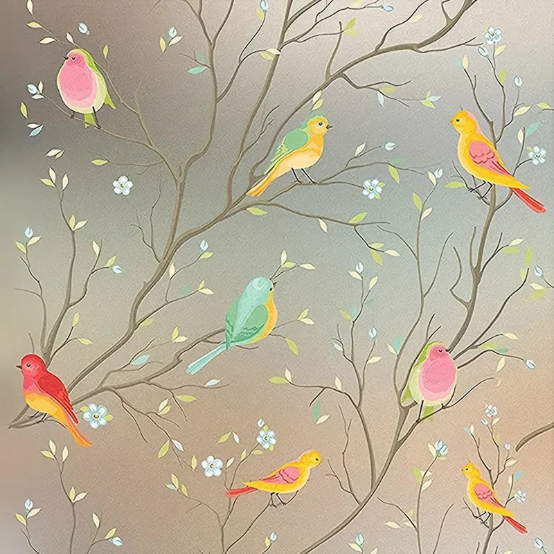 film décoratif statique multicolore branches fleurs oiseaux naturel isolation thermique uv 45cm 100cm