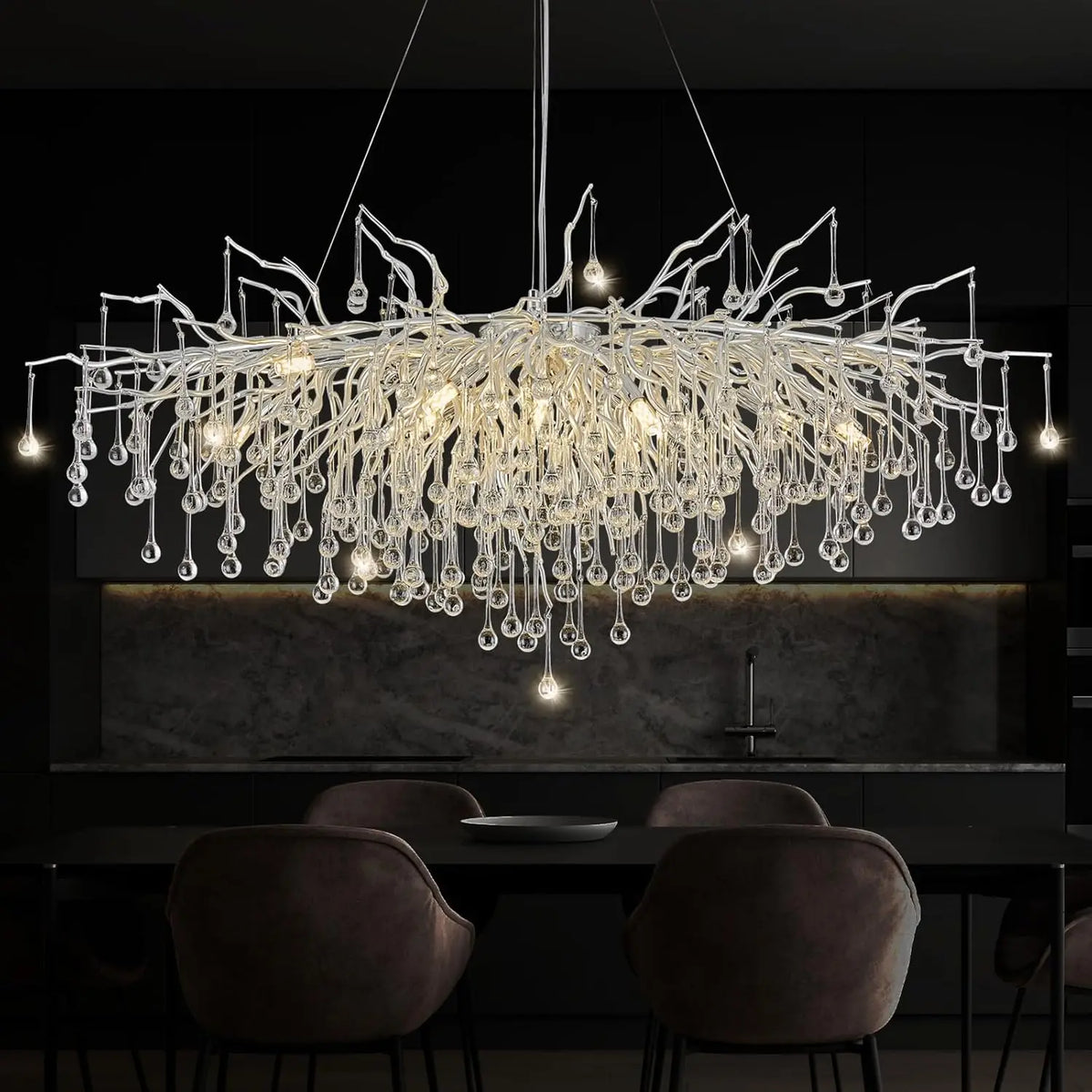 lustre contemporain transparentes branches stylisées suspension chaînes élégant lumière led blanc