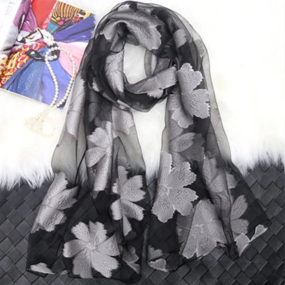 écharpe fleur printemps été femme extérieure polyester longue mode feuilles transparente