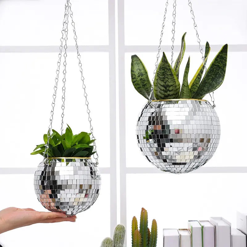 cache pot suspendu miroir moderne mosaïque petits miroirs chaînes argentées plante verte intérieur extérieur