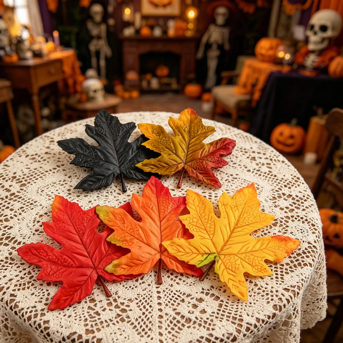 feuilles artificielles soie rouge orange jaune noires relief naturel décoratives extérieures halloween noël mariage