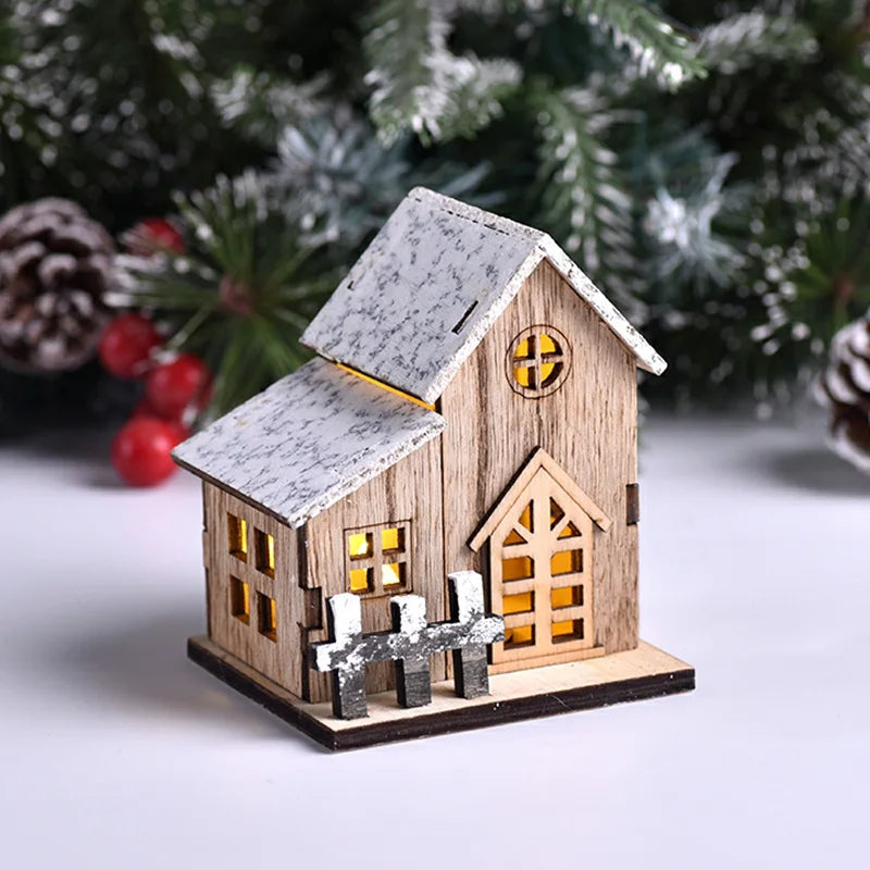 décorations noël miniatures maison bois naturel rustique vintage porte fenêtre led