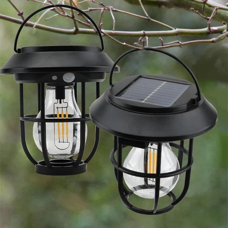 lampe camping solaire détecteur mouvement noir cage métallique vintage led autonomie extérieure