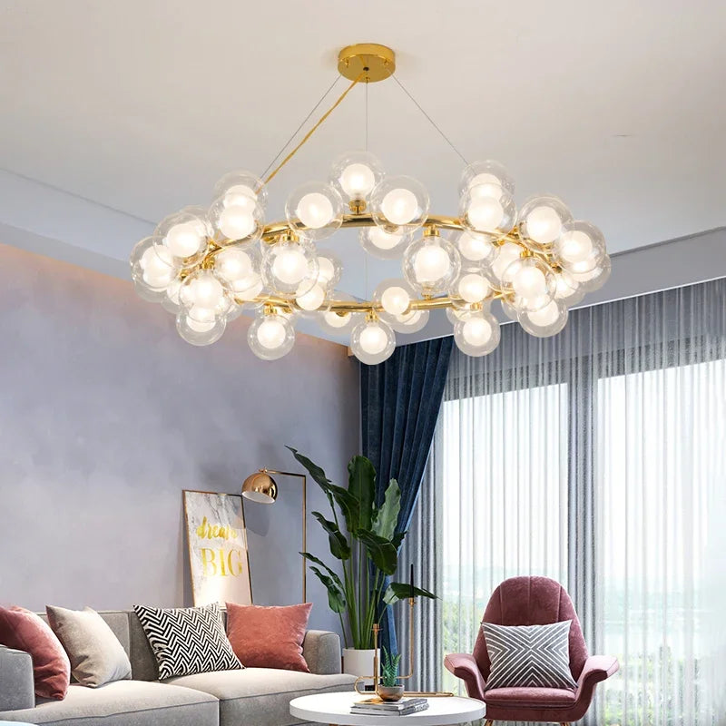lustre suspendu moderne boules verre translucide luminaire salon chambre salle manger doré